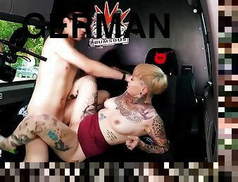 Tattooed German Milf Lady Kinky Cat Eats Jizz In Steamy Bus Sex