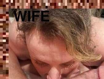 Wife gives her husband a blowjob after her bath