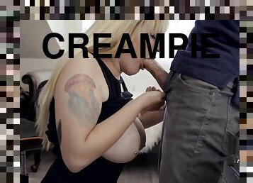 milf, creampie, strømper, synsvinkel, blond, tatovering