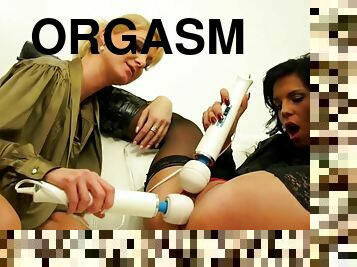 orgasm, anal, lesbisk, leksak, strumpor, blond, fetisch, rakad, brunett, höga-klackar