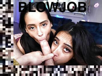Andreina Deluxe and Kiarra Kai sucking massive cock in POV