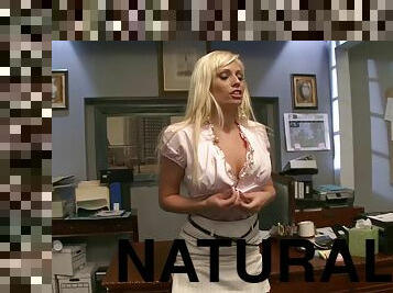 Dirty blonde girl with big naturals drilled on the office desk