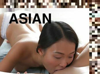 Hot Asian and Italian lesbian lovers lick each other