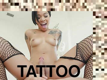 chatte-pussy, hardcore, pornstar, bas, résille, chevauchement, tatouage