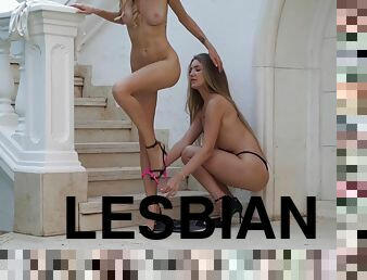 Glamorous lesbians Mary Rock and Nancy A are making love outdoors