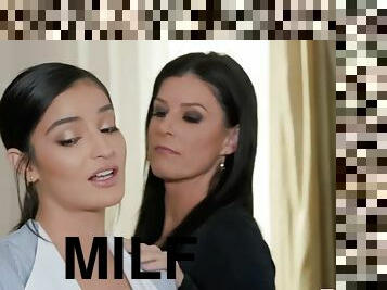 Two smoking hot brunettes MILF India Summer and sexy maid Emily Willis have lesbian sex