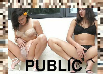 Frisky Public Lesbian Display - leah gotti in lingerie masturbating outdoors