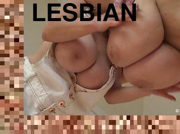 Lesbian fetish boob play n boob battle - oiled up monster tits