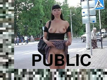 Exhibitionist Lada - Sunday evening downtown walk - Big tits flashing in public