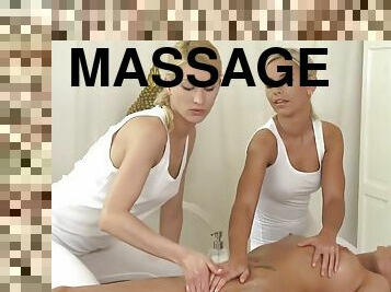 The Three Way Massage - Lesbian threesome with young euro blonde