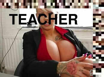 Horny headteacher Candy Charms topless in office - solo