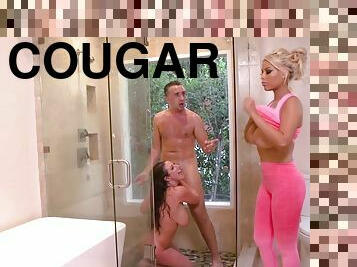 Two big melon tits cougars sucking off big cock in the shower