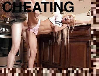 Cheating dude fucks hot blonde through her panties