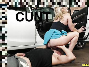 Blonde hottie comes to garage for a hard fuck on the floor