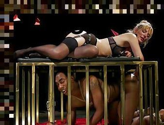 Blond Hair Girl mistress canes black male slave