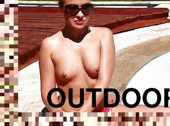 masturbation, en-plein-air, chatte-pussy, ados, piscine, douce, assez, solo, bikini, humide