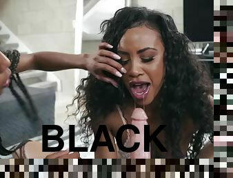 Two magnificent black girls sharing juicy white cock