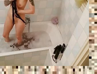 bañando, papá, madurita-caliente, adolescente, ducha, oculto