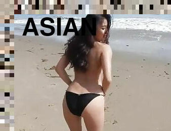 asiatique, masturbation, plage, taquinerie