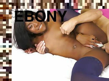 Ebony beauty in lingerie plays with sybian before riding a hard cock