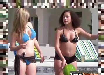 Wives get together to play in the nude by the poolside