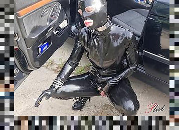 In Black Latex Public Pissing