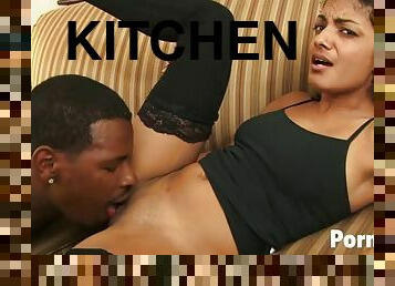 Neela Sky fucks in the kitchen and sucks BBC hardcore