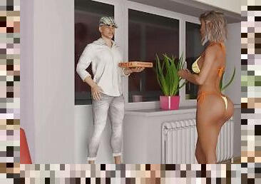 fru, milf, par, man, gift, bedragen, pizza