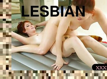 Two women redhead lesbian massage and intimate session