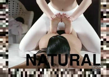 Natural busty lesbian eats masseuses cunt
