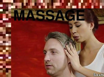 Redhead masseuse wanking huge dick