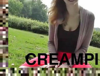 Cute bb rides her bf in park and gets creampied