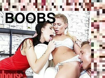 tetas-grandes, coño-pussy, babes, mamada, trío, besando, rubia, tetas, piernas, abriéndose