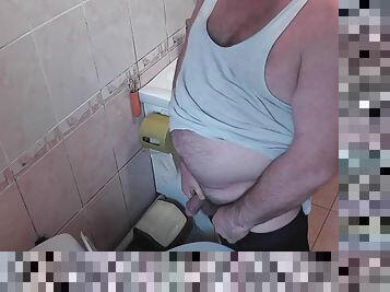 In the toilet her stepdaughter masturbates her stepdads cock Lots of cum