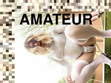 Amateur crossdresser Kellycd2022 sexy milf masturbation masturbate outdoor in stockings heels big cumshot pvc dress 