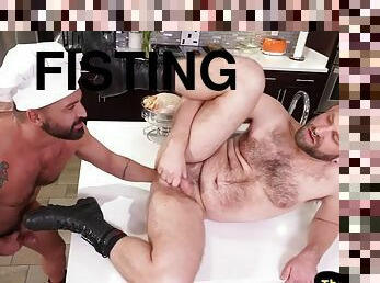 Fisting kitchen chef barebacks anal passive with his fist