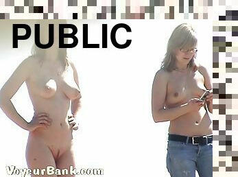 nudiste, en-plein-air, public, elle-se-déshabille