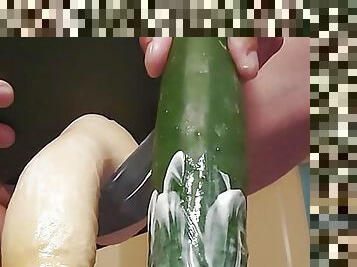 Milking prostate with dildo and cucumber