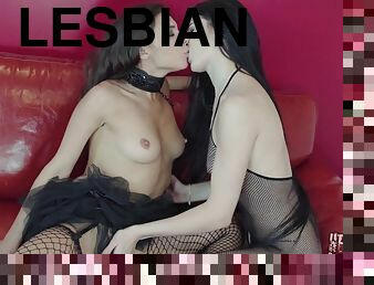 Lesbian gal toys her girlfriends ass on sofa