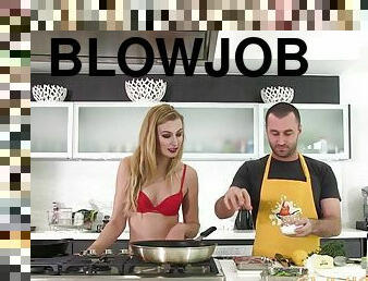 Wicked blonde loves fucking while cooking some juicy stakes