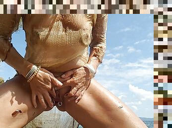 nippleringlover horny milf see through wet shirt flashing extreme pierced nipples and pussy sexy asshole public beach