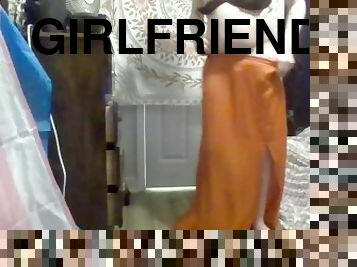 Awkward trans girlfriend striptease in long orange skirt to full nude - Imposter syndrome