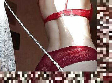 Sunny morning gentle homemade striptease in red lace lingerie