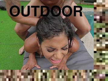 Smashing outdoor sex by the pool for a Latina wife with insane assets