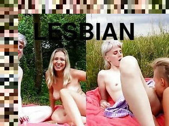 gros-nichons, mamelons, en-plein-air, public, chatte-pussy, amateur, babes, lesbienne, allemand, doigtage