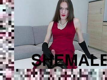 horny shemale glamour red dress black gloves bick dick cumshot