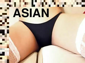 Sexy asian ladyboy in lingerie masturbating pov style