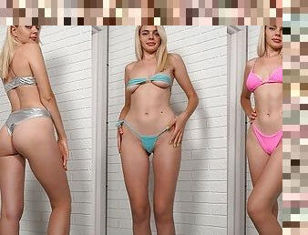 Bikini model tries on hot swimsuits and makes you cum