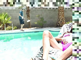 Wife tries pool boy's energized dick up her mature holes