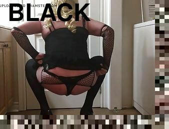 Sissy slut Mistycane teases with thong ass in black lingerie